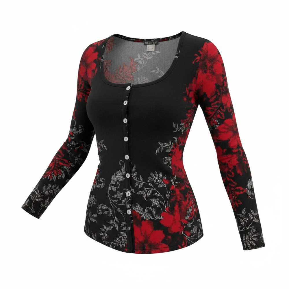 Venus Women's Red and Black Floral Print Long Sleeve Button-Down Top